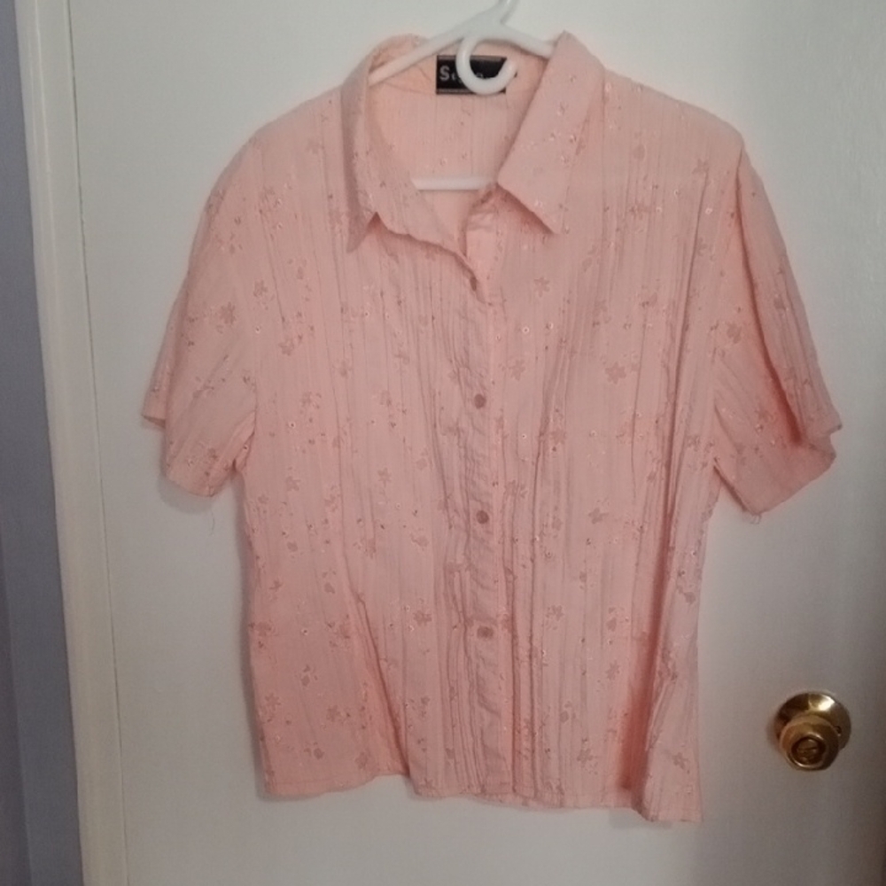 Pink Short Sleeve Button-Up Blouse